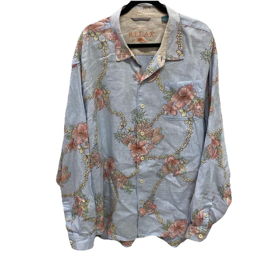 Tommy Bahama RELAX  100% Linen Men's XXL Button Shirt Floral Pineapple Hibiscus